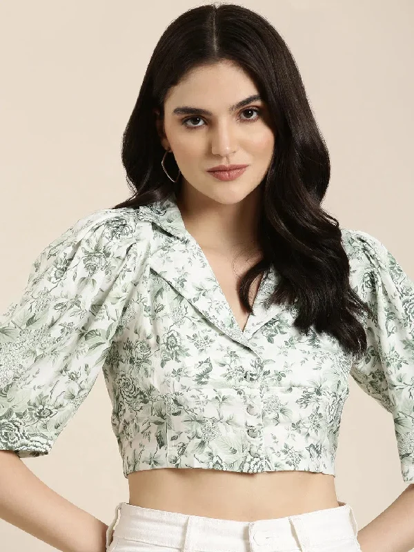 Women Green Printed Shirt Style Crop Top-AE-10620-GreenCroptopculture