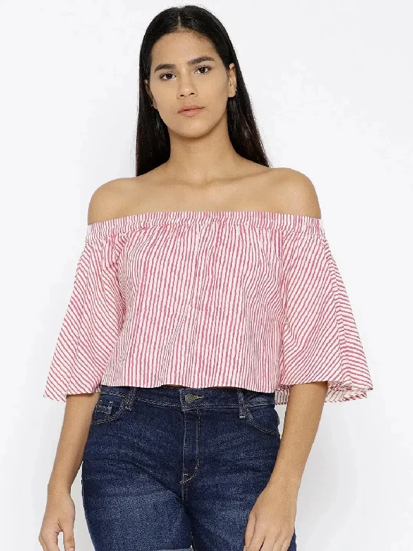 Off shoulder Striped crop top in PinkCroptopsoft