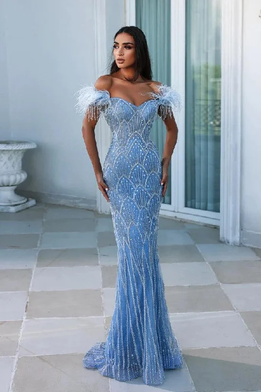 Portia and Scarlett PS23994 Long Off Shoulder Feather Prom GownTightbond