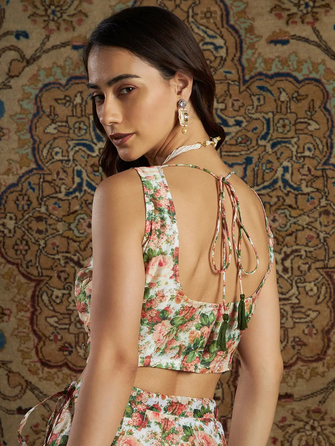 Women Peach Chanderi Floral Sleeveless Crop TopCroptopdesign