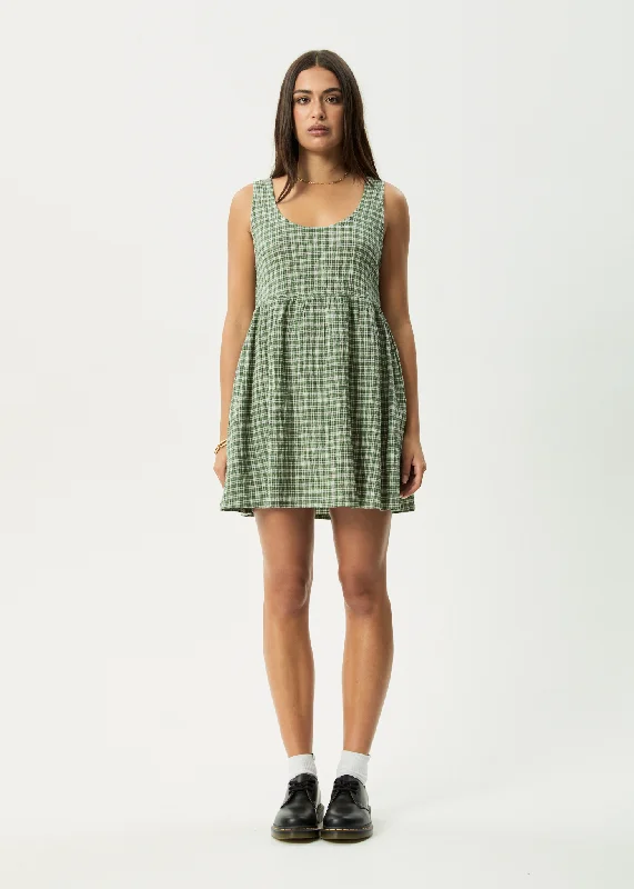 AFENDS Womens Base Jesse - Seersucker Mini Dress - Deep Green CheckEmpire Waist Dress