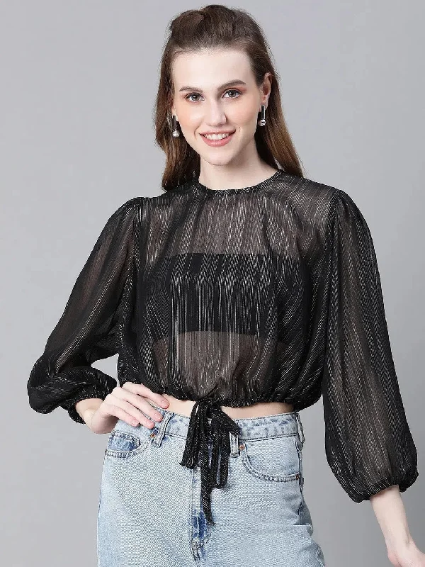 Womenn Black Round Neck Tie-Up Detailed Crop Top-W23246WBL003Croptopcommunity