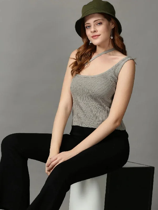 Women's Grey Solid Fitted Crop Top-OC-A1233-1-GreyCroptoptrend