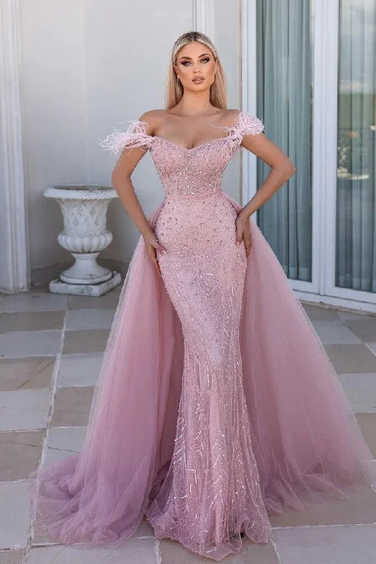 Portia and Scarlett PS23961 Long Feather Off Shoulder Prom GownTightmix