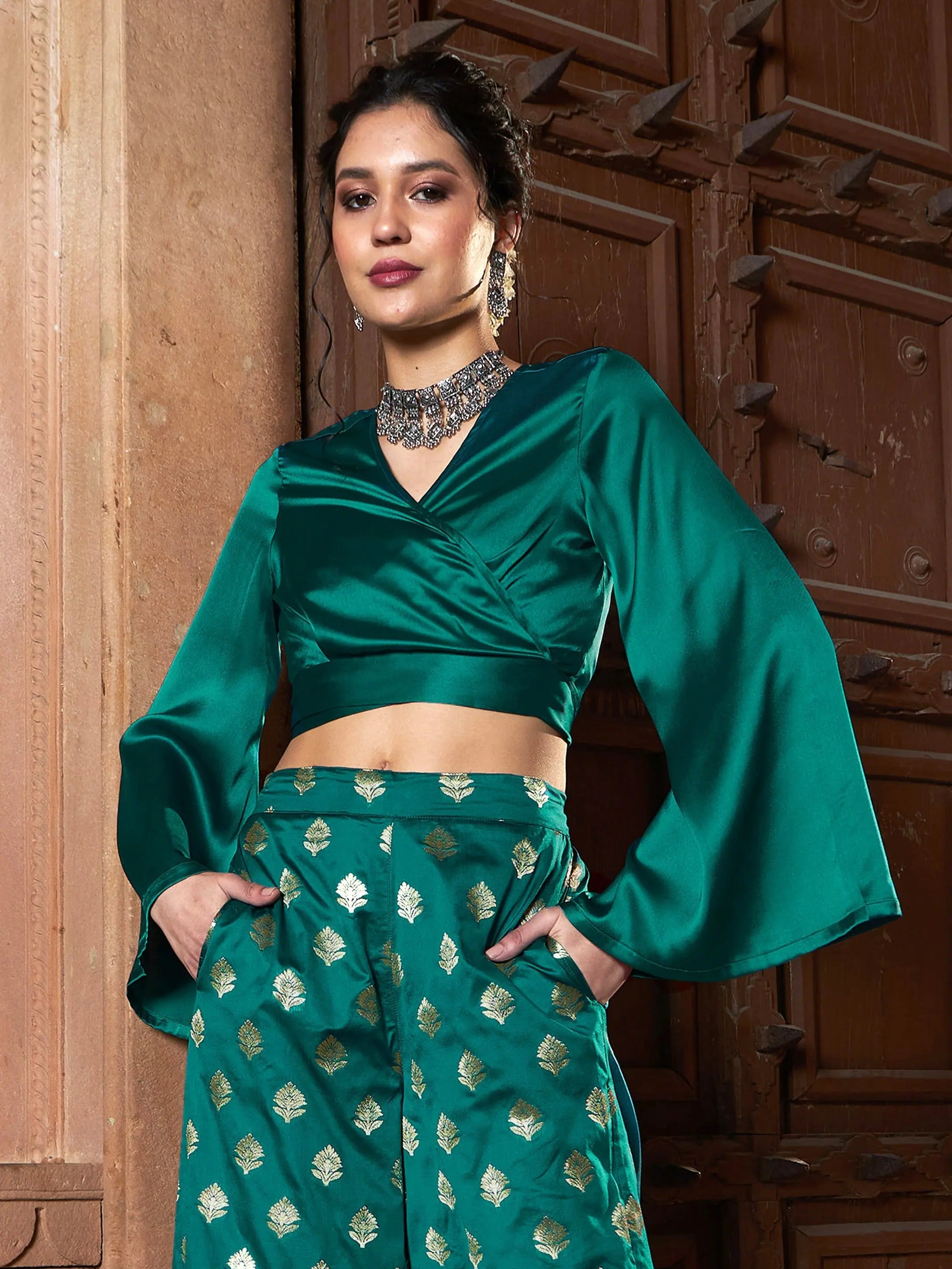 Women Teal Satin Wrap Crop TopCroptopsleeve