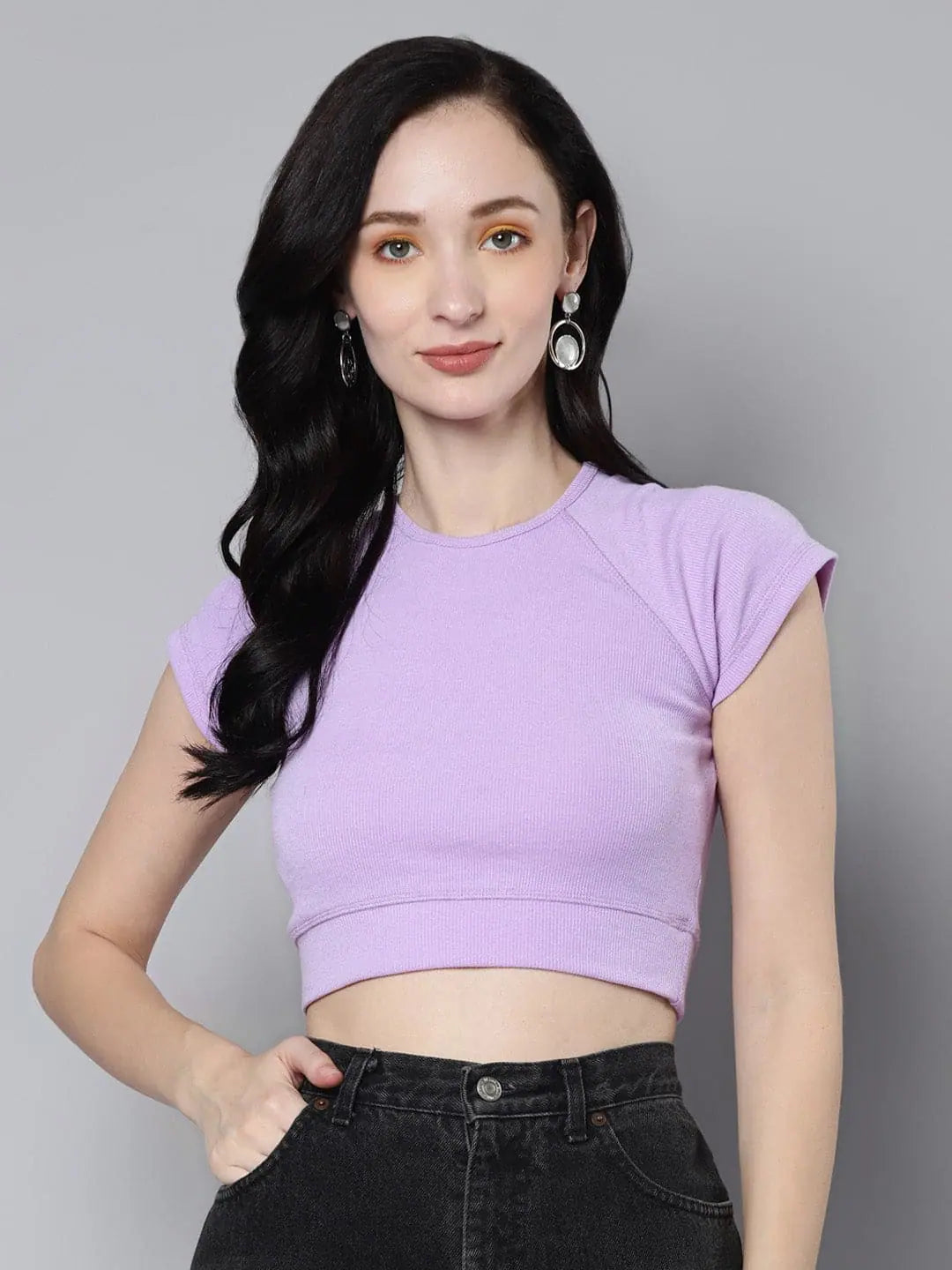 Women Lavender Rib Cap Sleeves ACTIVE Crop TopCroptopgame