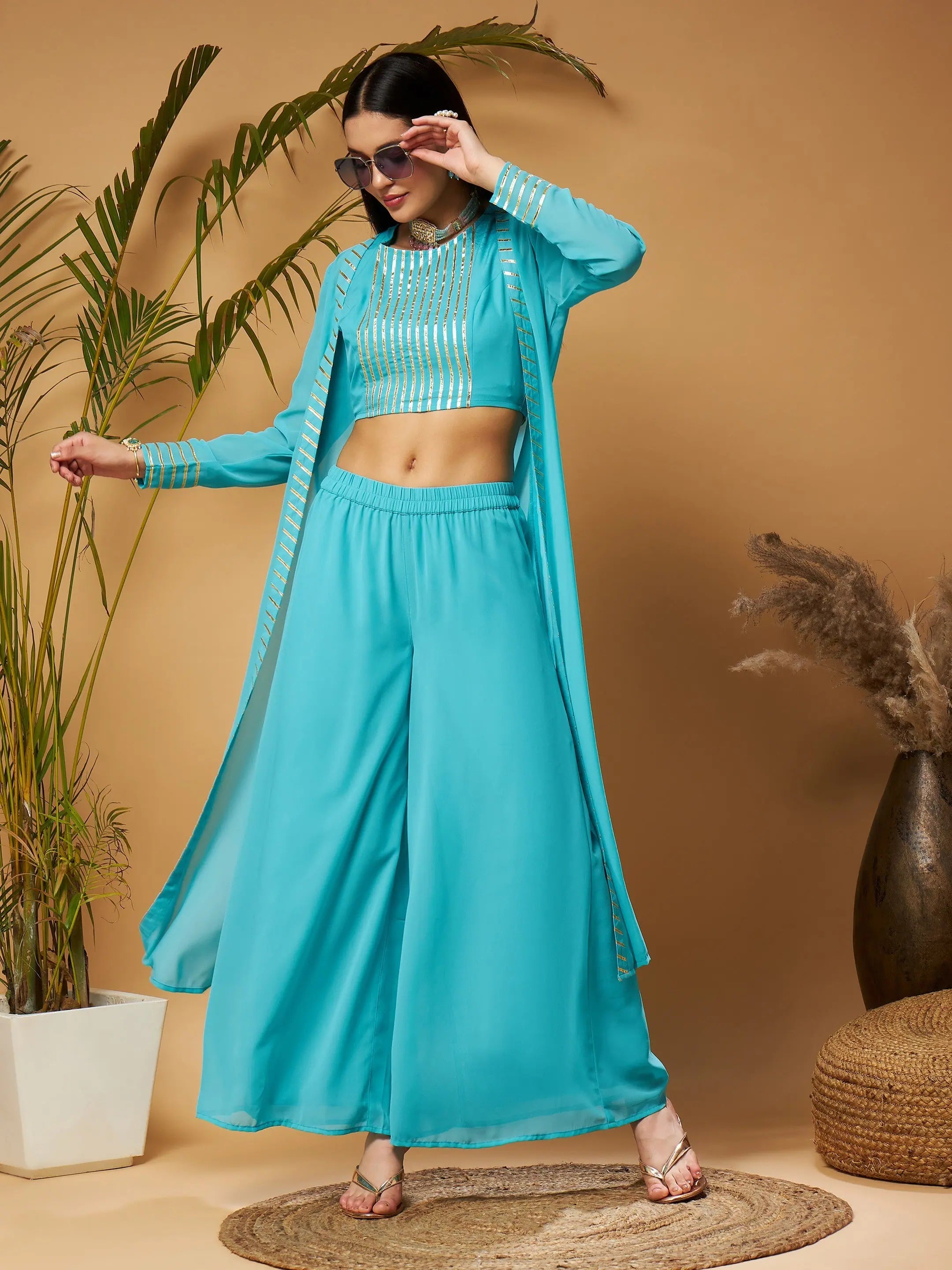 Women Blue Crop Top With A-Line Pants & ShrugCroptopheritage