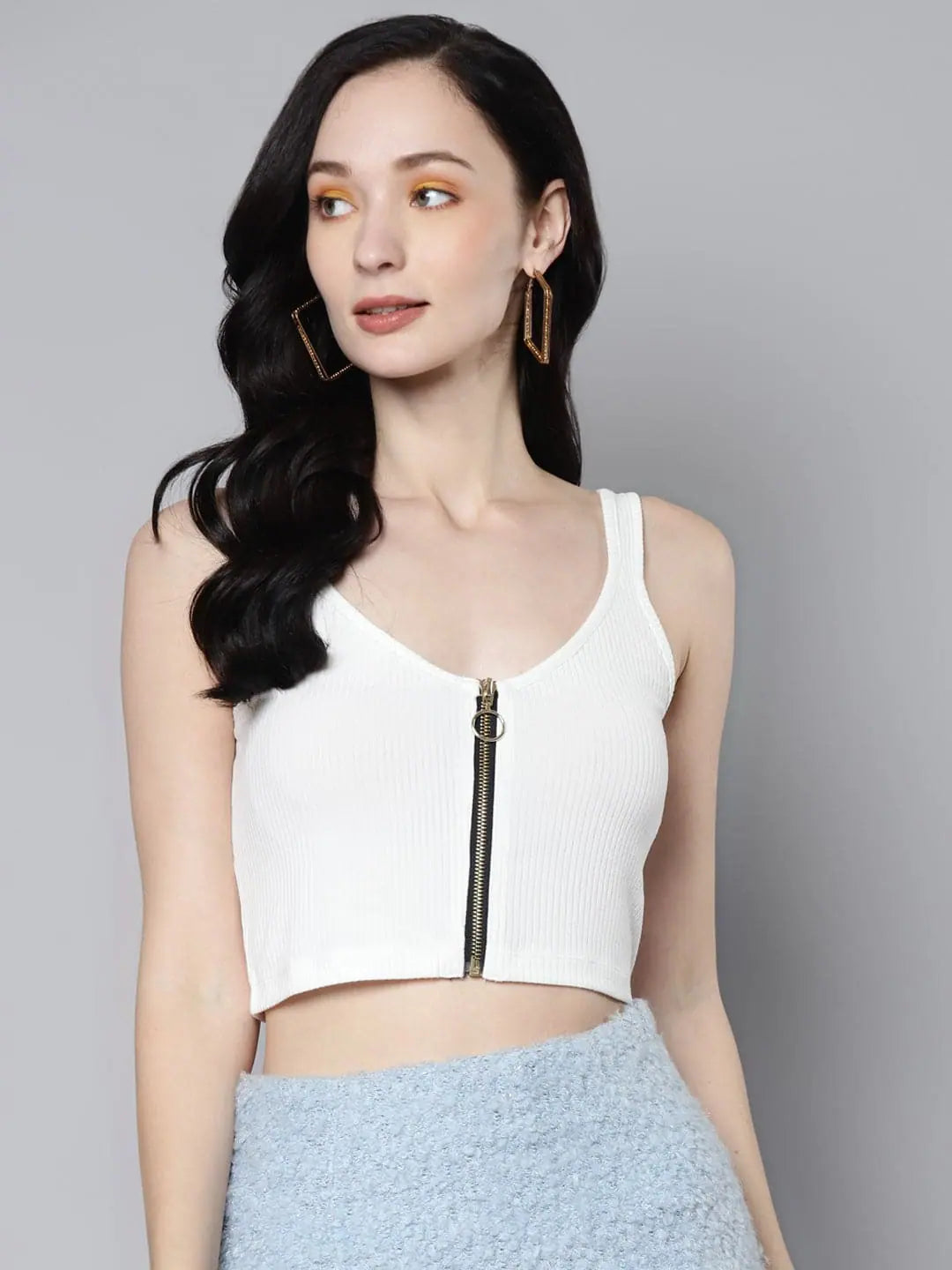 Women White Rib Front Zipper Crop TopCroptoptech