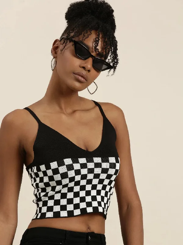 Women Black Checked Fitted Crop Top-TD-38027-BlackCroptopanalytics