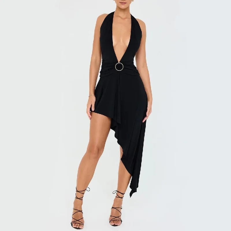 Sultry Halter Neck Midi Dress with Thigh-High SplitWind Dress