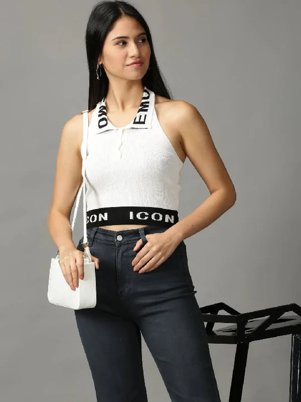 Women's White Solid Fitted Crop Top-ARN-952-WhiteCroptopcotton