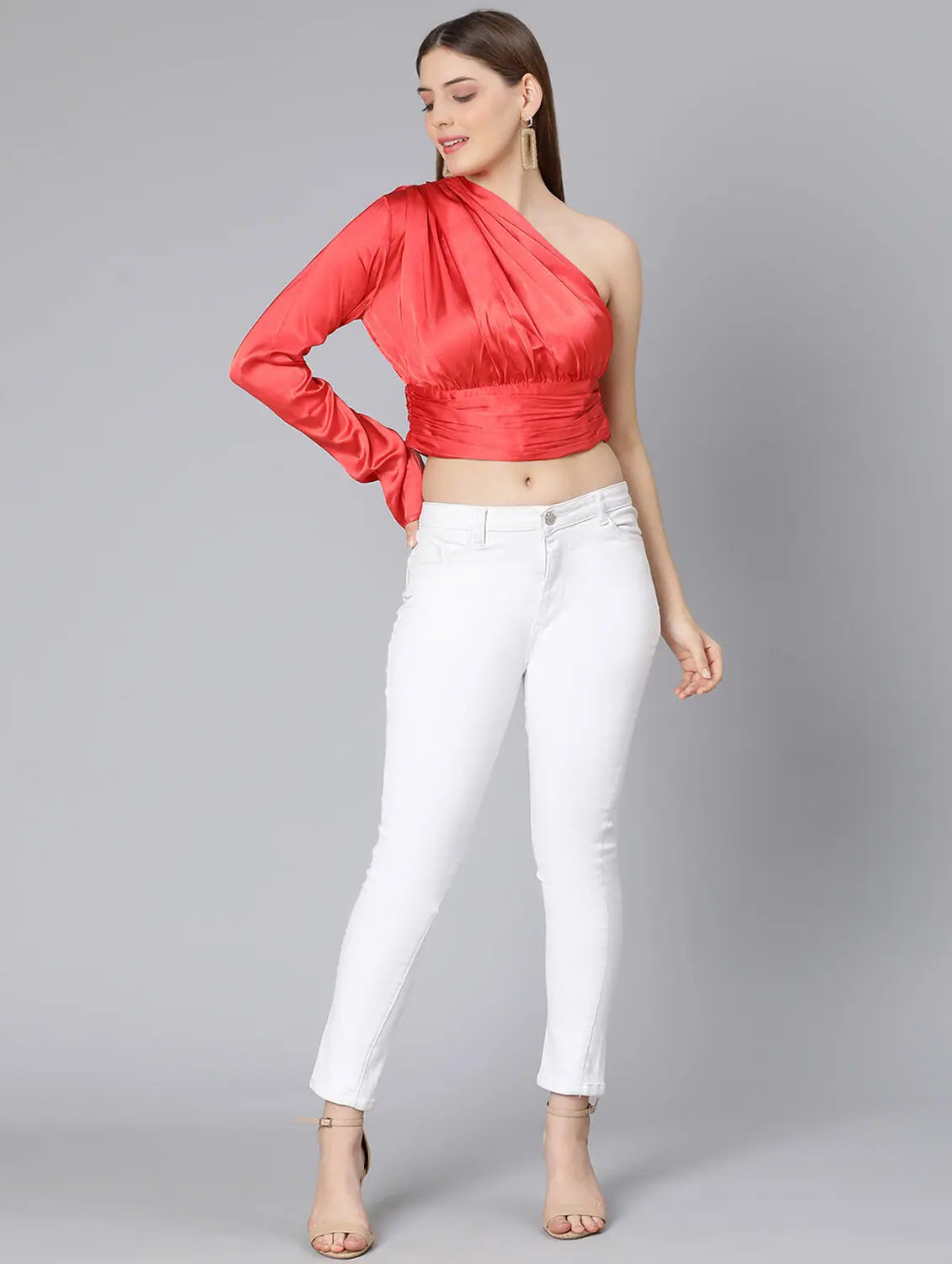 Ruby Red One Off Shoulder Women Satin Crop TopCroptoplifestyle