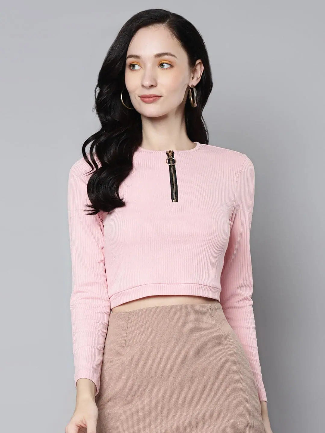 Women Pink Rib Zip Front Full Sleeves Crop TopCroptopprint