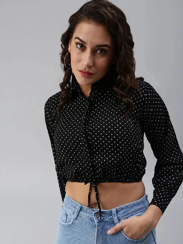 Women's Black Polka Dots Crop Top-AE-7036-BlackCroptopspirit