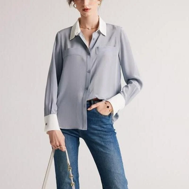 Chic Silk Crepe De Chine Dress Shirt for WomenShort-sleeve Dress