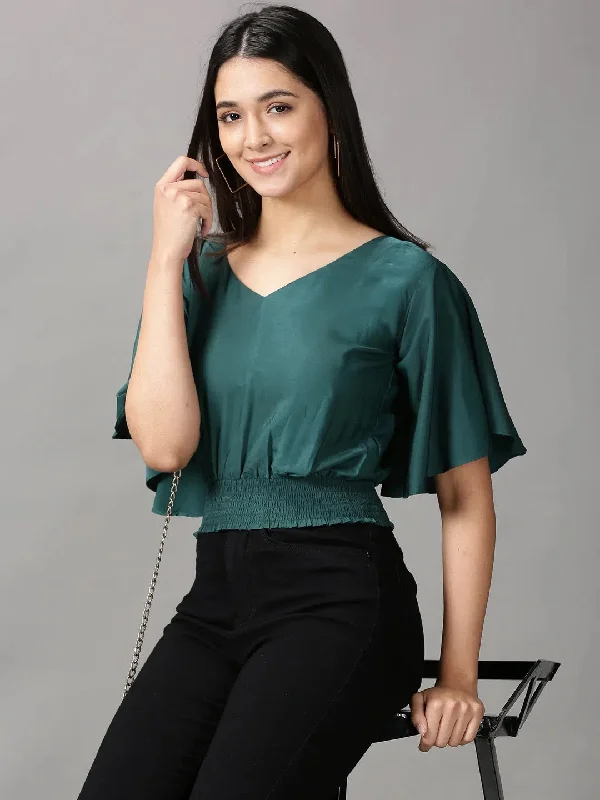 Women's Green Solid Cinched Waist Crop Top-AE-10558-GreenCroptophem