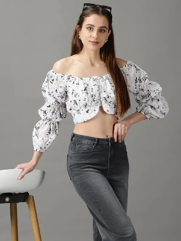 Women's White Printed Crop Top-HQ-8-WhiteblackCroptopbrand