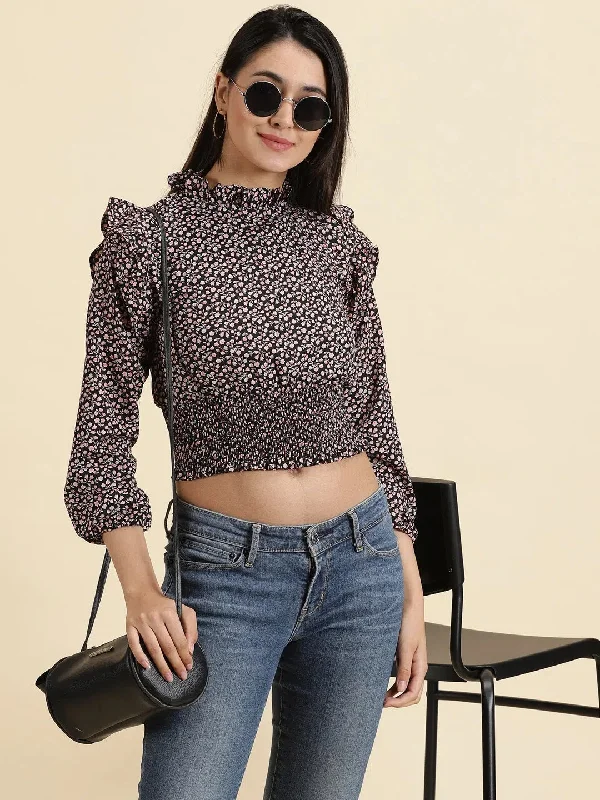 Women's Black Printed Cinched Waist Crop Top-AE-10622-BlackpeachCroptoptraditions