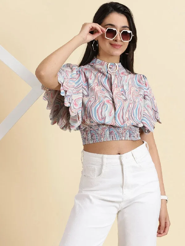 Women's Multi Printed Cinched Waist Crop Top-AE-10605-MultiCroptopicon