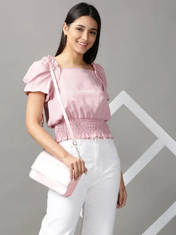 Women's Pink Solid Cinched Waist Crop Top-RY-2126-PinkCroptopdurable