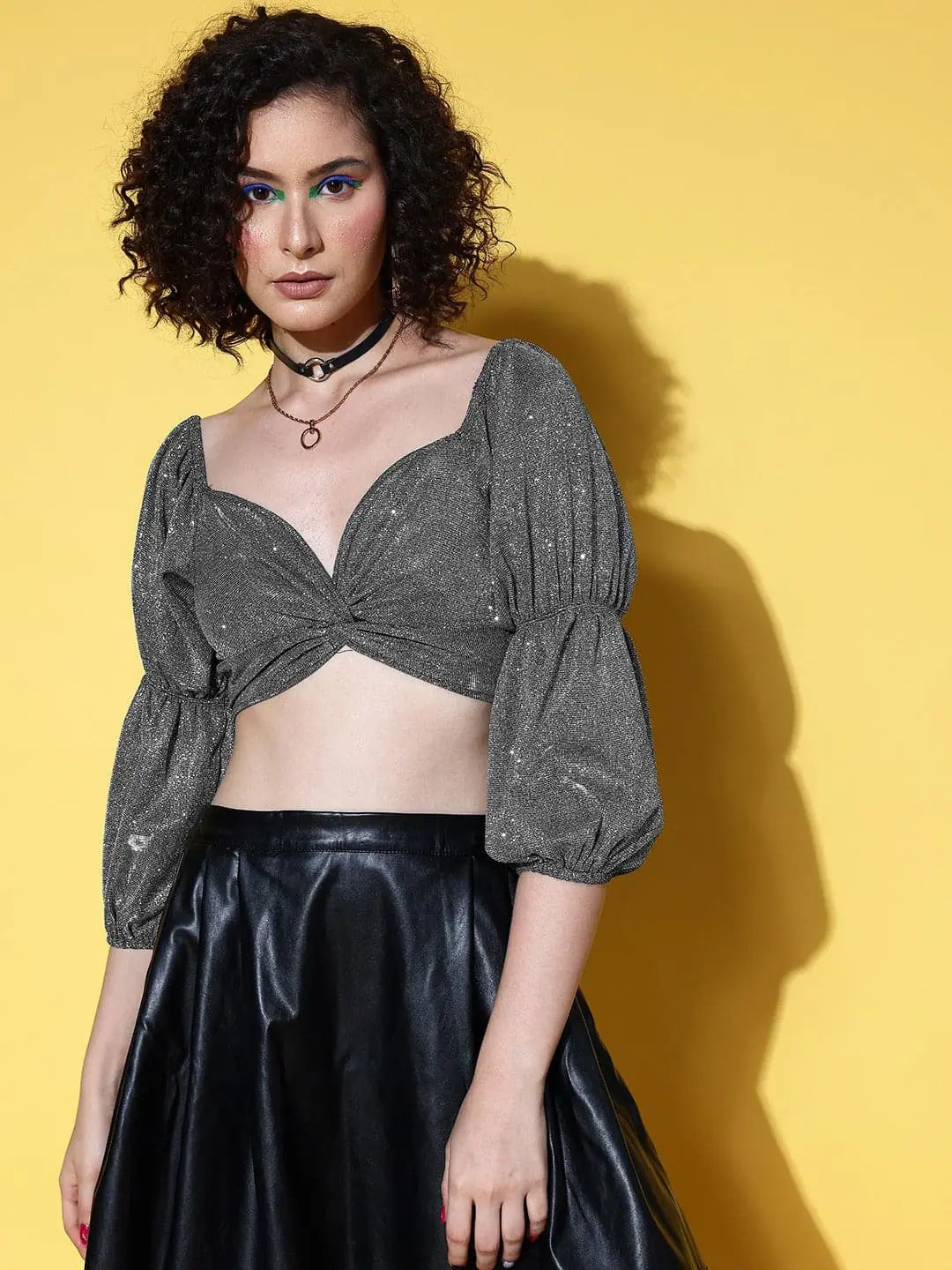 Women Silver Lurex Knotted Front Crop TopCroptopquality