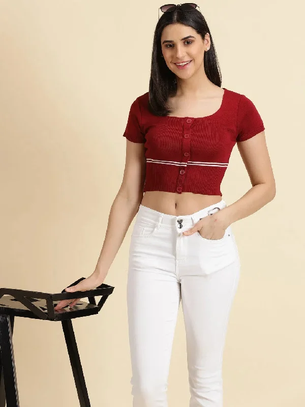 Women's Maroon Solid Fitted Crop Top-CHN-28057-MaroonCroptopspirit