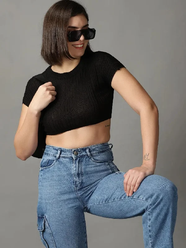 Women's Black Solid Fitted Crop Top-JD-E210-BlackCroptopcashmere