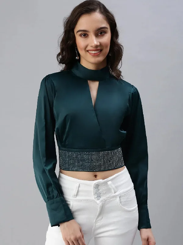 Women's Green Embellished Crop Top-SP-5822-GreenCroptopar