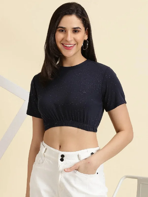 Women's Navy Blue Embellished Cinched Waist Crop Top-AE-10633-NavyblueCroptopcloud