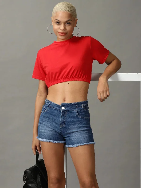 Women's Red Solid Cinched Waist Crop Top-AE-10504-RedCroptopvirtual