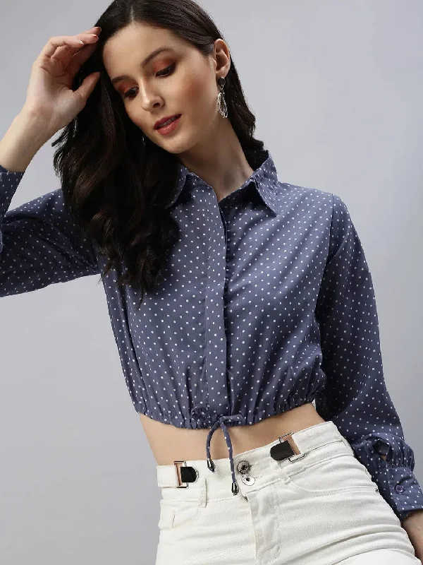 Women's Blue Polka Dots Crop Top-AE-7036-GreyCroptopmemory