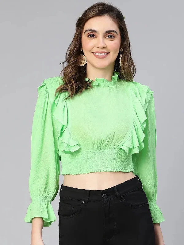 Women Solid Green Ruffled Long Sleeve  Casual Crop Top-S23078WBL002Croptoptimeless