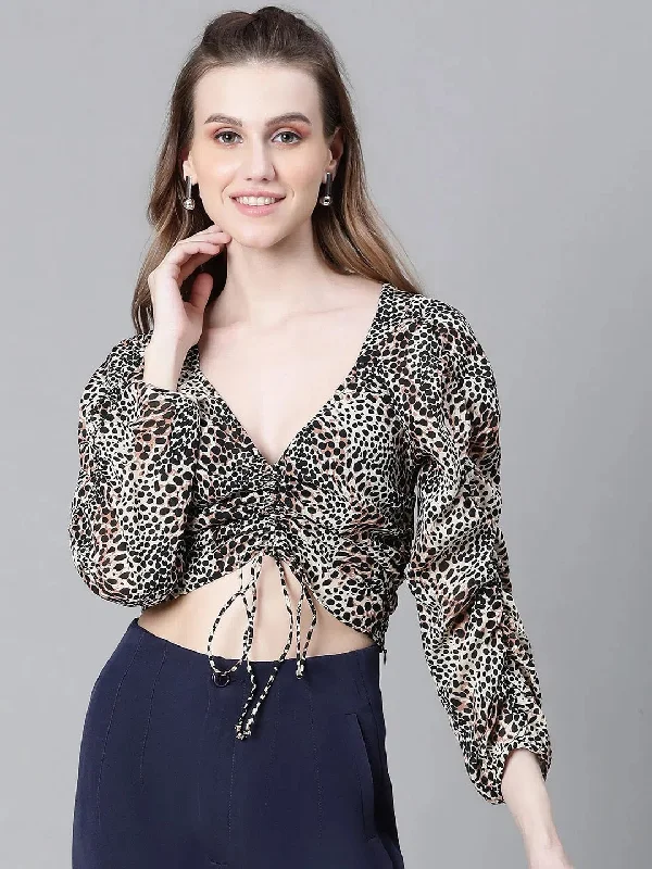 Women Black Floral Print Round Neck Tie-Knotted Elasticated Long Crop Sleeve Top-W23049WBL002Croptopmodern