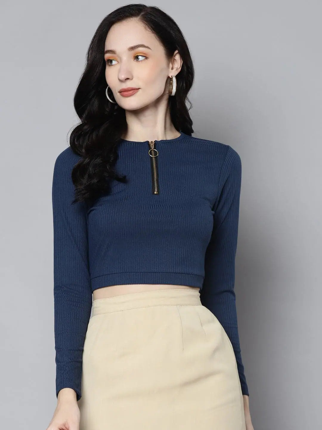 Women Blue Rib Zip Front Full Sleeves Crop TopCroptopenthusiast