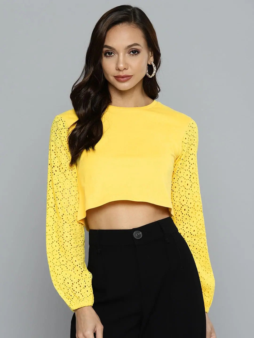 Women Yellow Schiffli Round Neck Crop TopCroptopcloud