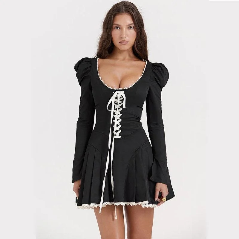 Elegant Puff Sleeve Lace Bandage Mini DressHiking Dress