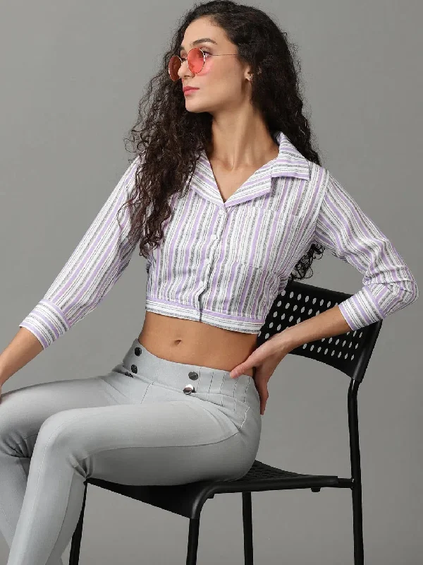 Women's White Striped Shirt Style Crop Top-AE-10327-WhiteCroptopminimal