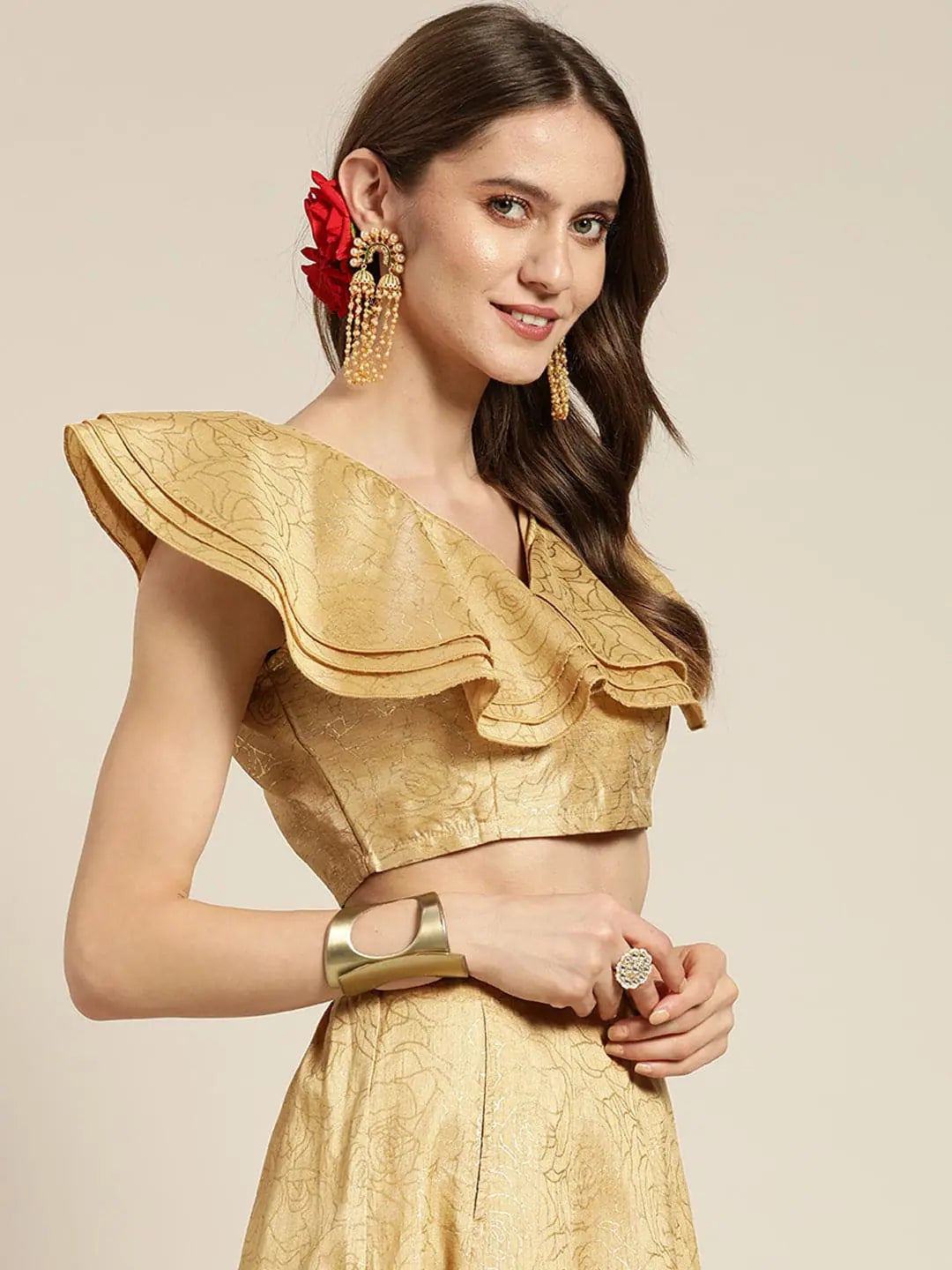 Women Gold Chanderi Foil V Neck Crop TopCroptopunity