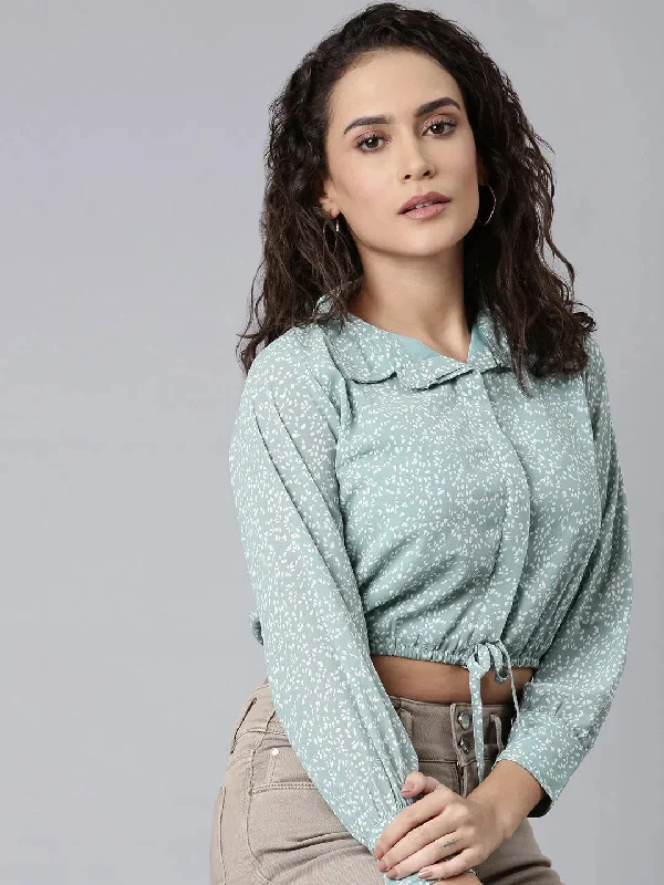 Women Sea Green Printed Shirt StyleCrop Top-AE-7095-SeagreenCroptopcashmere