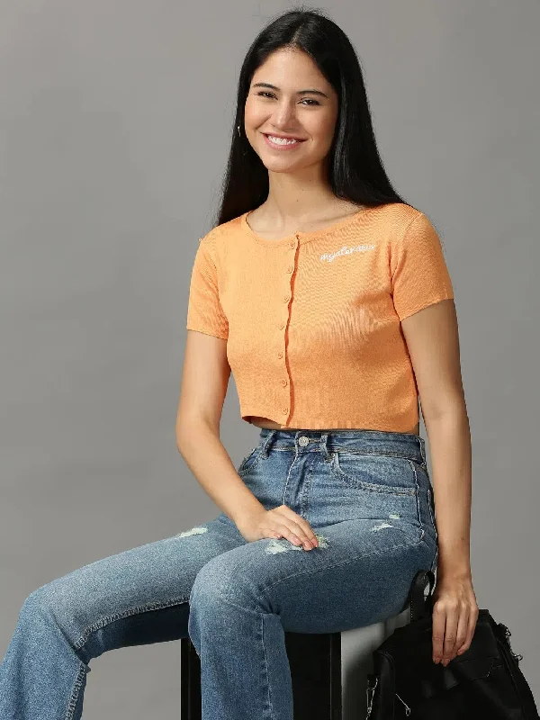 Women's Orange Solid Fitted Crop Top-TG-028-A-OrangeCroptopgame