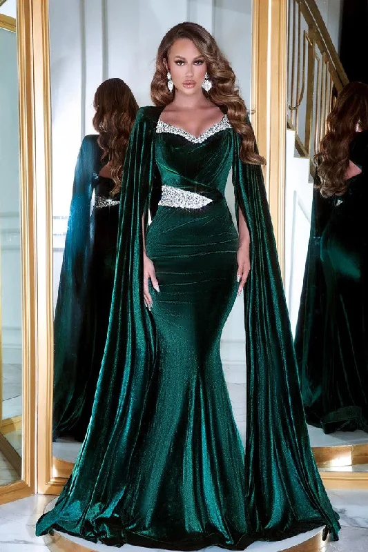 Portia and Scarlett PS23394 Long Cape Sleeve Velvet Mermaid Prom GownTightknot