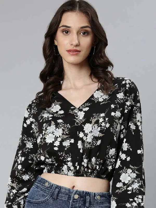 Women Black Floral Blouson Crop Top-AE-10771-BlackCroptopmemory