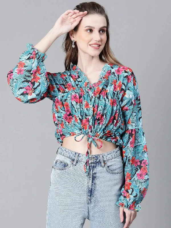 Women Multicolor Floral Print Round Neck Long Sleeve Elasticated Tie-Up Crop Top-W23247WBL003Croptopcollar