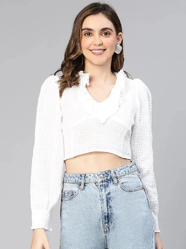 Women White Ruffled & Smocked Cotton Crop Top-S23063WBL003CroptopAI