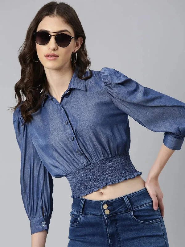 Women Navy Blue Solid Shirt StyleCrop Top-AE-10148-NavyblueCroptopdye