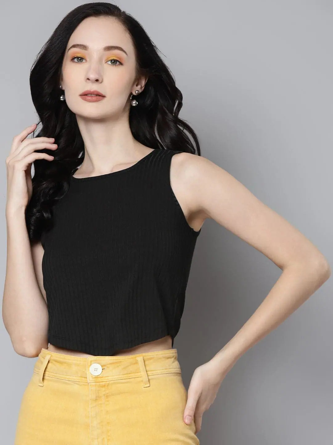 Women Charcoal Rib V-Hem Crop TopCroptopfabric