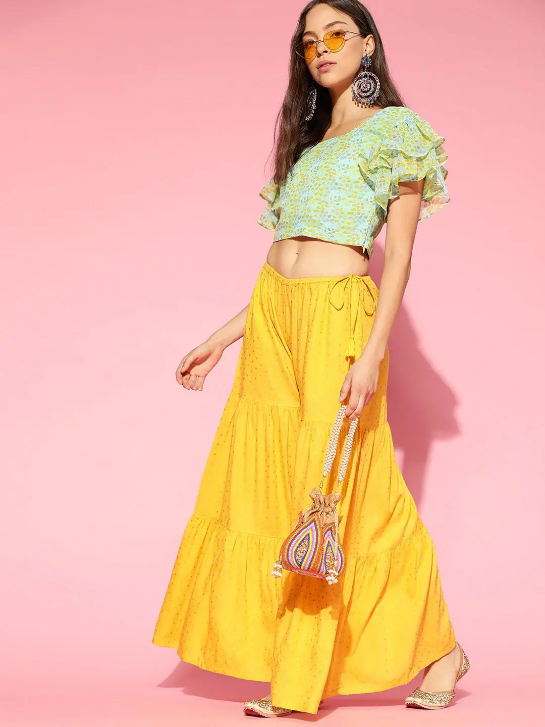 Ahika Green Georgette Blouson Crop TopCroptopfinish