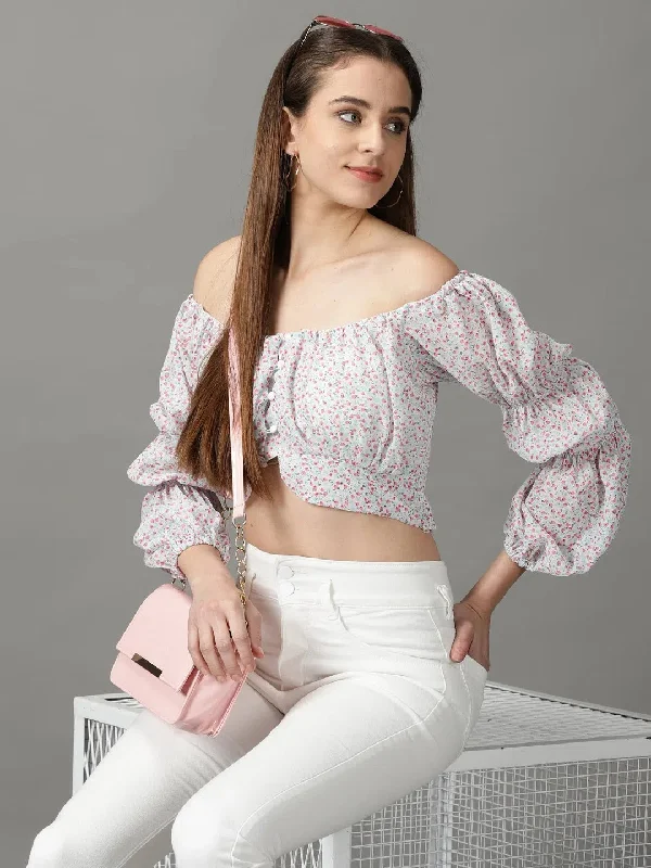 Women's White Printed Crop Top-HQ-8-WhitepinkCroptopsleeve