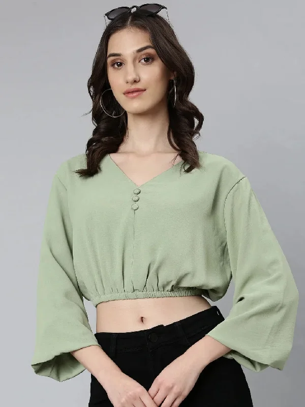 Women Sea Green Solid Blouson Crop Top-AE-10772-SeagreenCroptoptrend