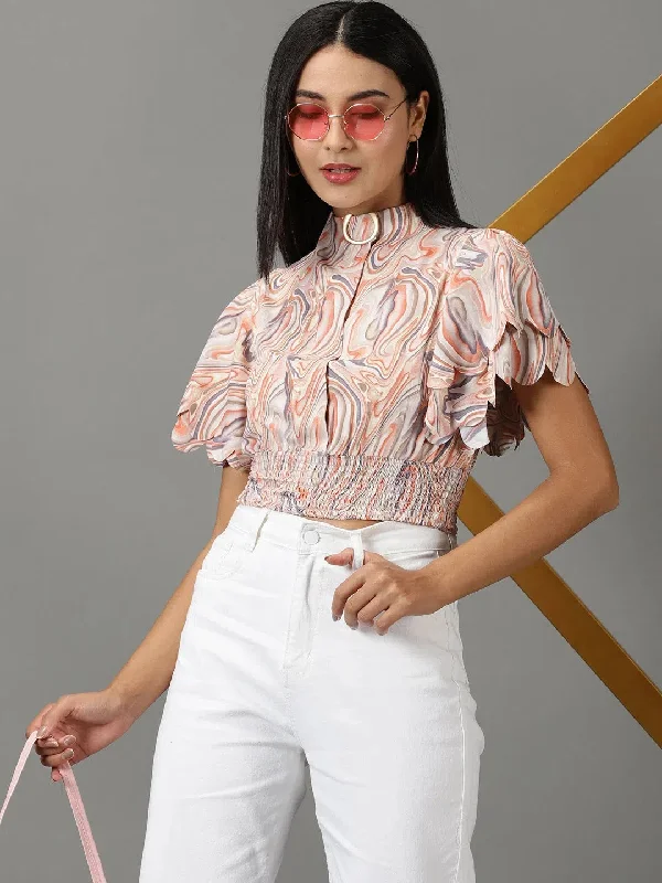 Women's Peach Printed Cinched Waist Crop Top-AE-10605-PeachCroptoplinen